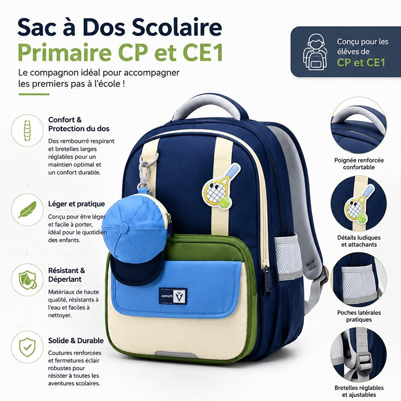 Sac à Dos Scolaire Unisexe CP – CE1 | Confortable, Résistant et Imperméable