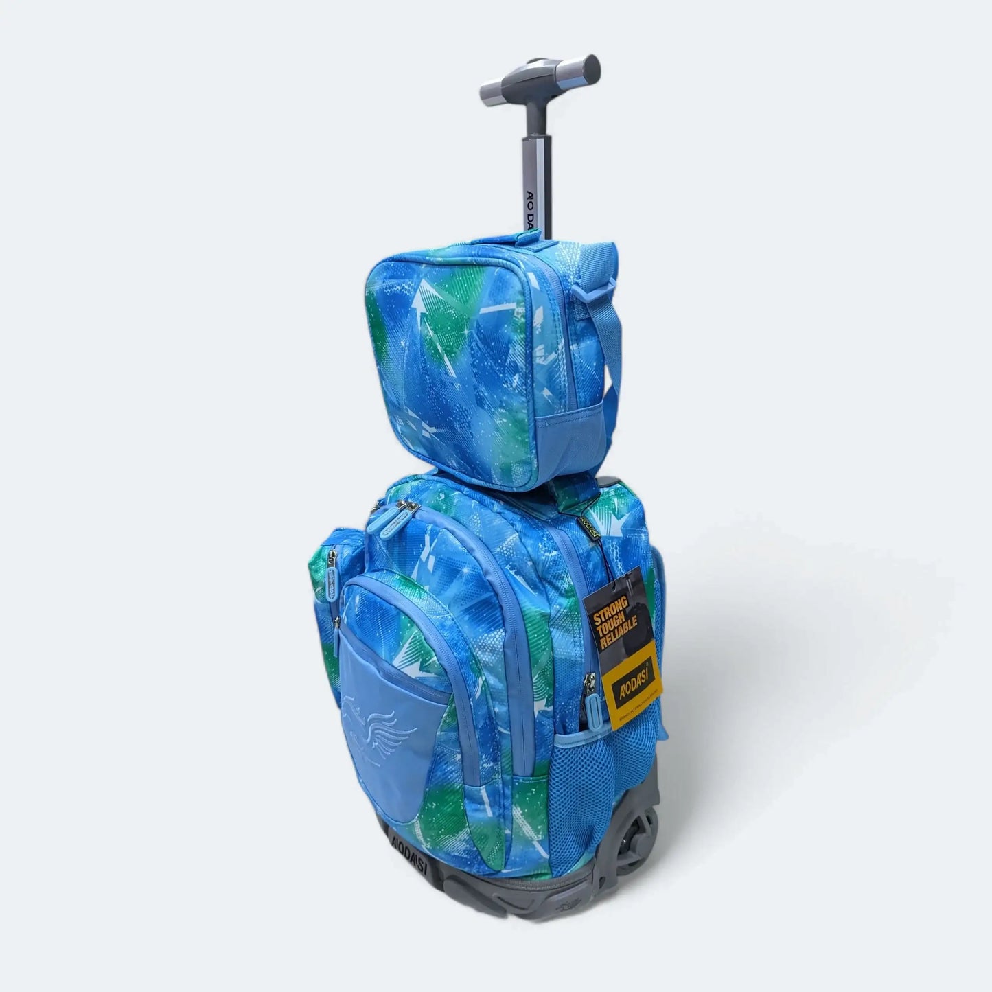 Vue des roues solides et résistantes du cartable.