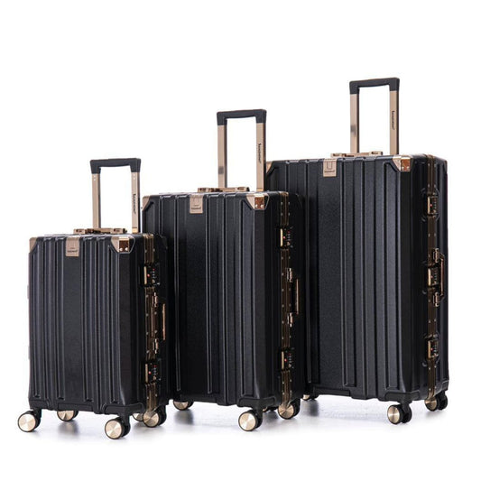 Set de 3 valises rigides en polycarbonate noir avec coins renforcés, serrure TSA et roulettes pivotantes à 360°