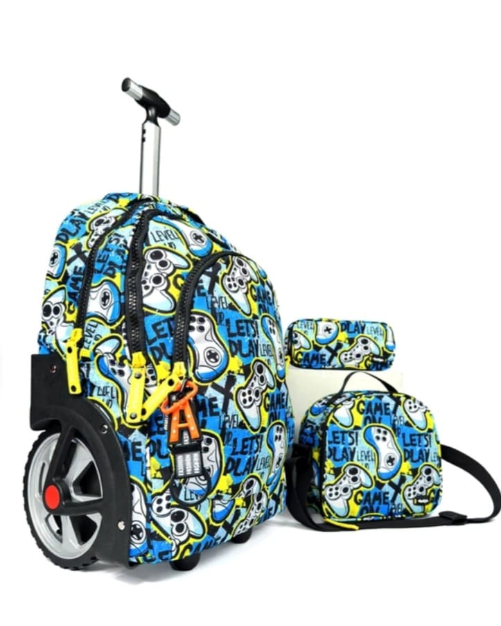 Cartable scolaire 3 pièces à roulettes bleu et jaune avec trousse et sac isotherme