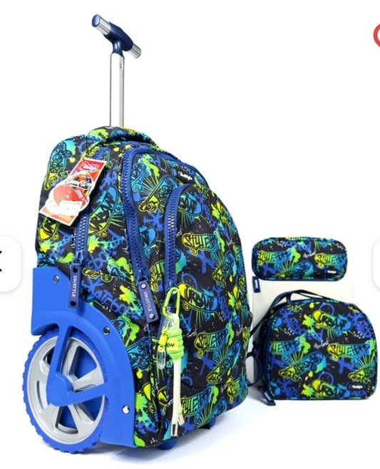 Cartable scolaire 3 pièces à roulettes bleu et vert avec trousse et sac isotherme
