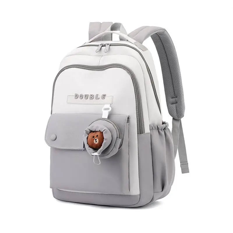 Cartable beige avec compartiment PC et poches latérales