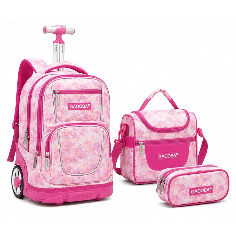 Cartable à roulettes 3 pièces rose avec lunch box et trousse assortie pour fille