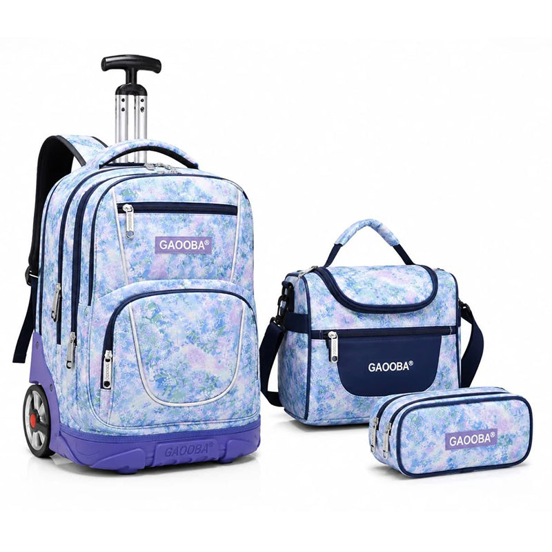 Sac à dos trolley violet lavande avec lunch box isotherme et trousse scolaire