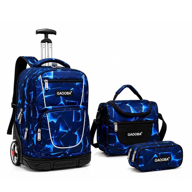 Cartable à roulettes bleu motif cristal avec lunch box et trousse pour garçon