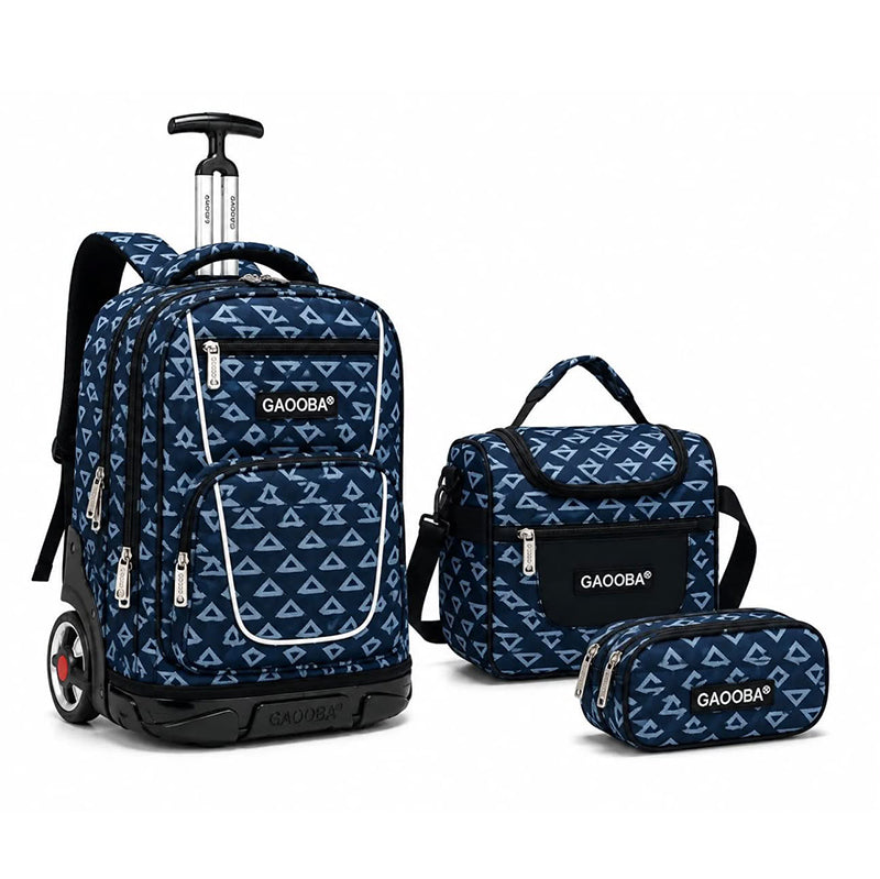 Sac à dos trolley bleu motif triangles avec lunch box isotherme et trousse assortie