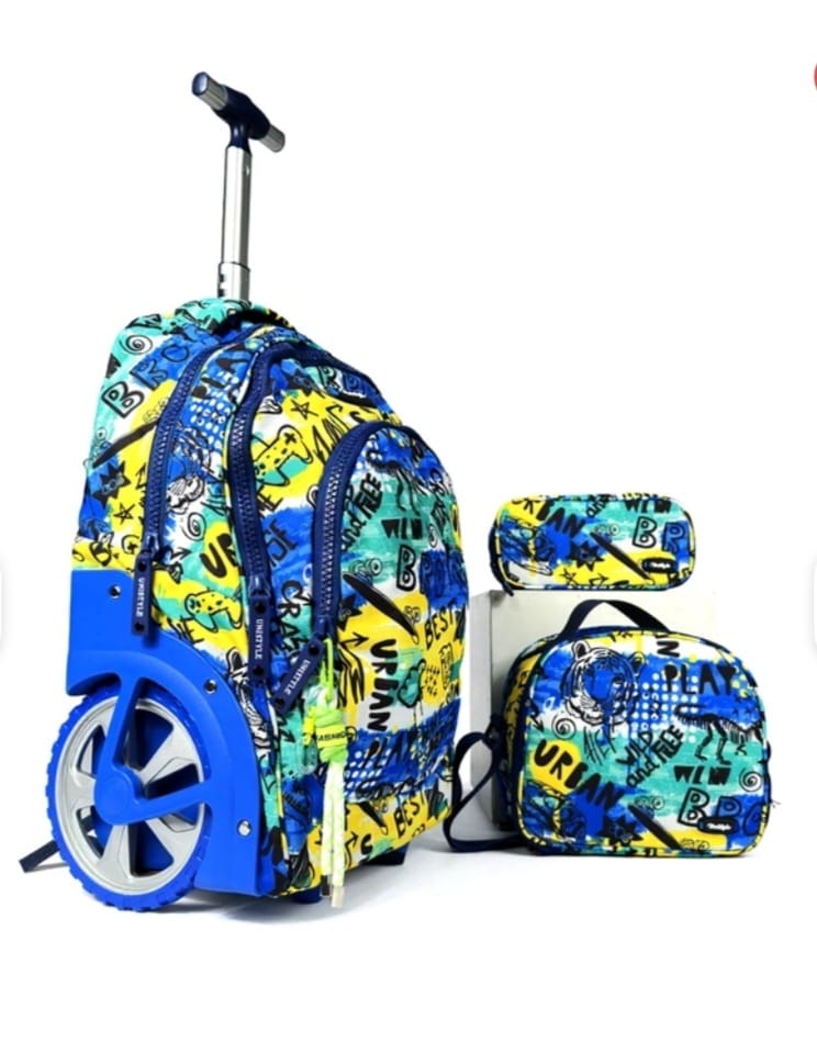 Ensemble cartable scolaire 3 pièces avec roulettes, trousse et sac isotherme