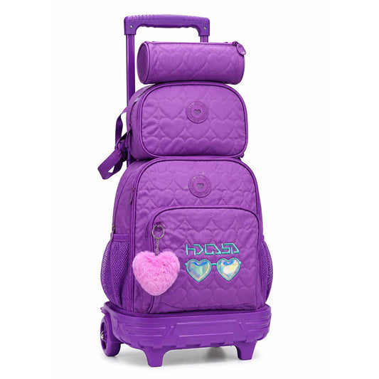 Cartable trolley fille 18 pouces violet 3 pièces avec sac à dos à roulettes, sac repas et trousse assortis, design matelassé cœurs multicolores et pompon en fourrure