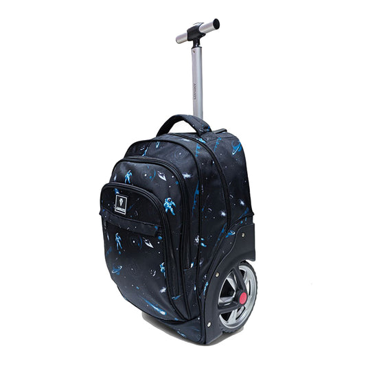 Cartable trolley garçon thème espace avec astronautes et planètes, sac à dos scolaire noir à grande roue et poignée télescopique ajustable