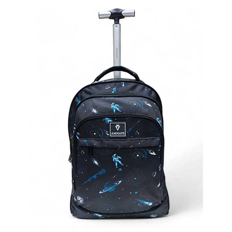 Sac à dos trolley garçon noir motif espace avec grande roue renforcée et poignée télescopique ajustable en aluminium
