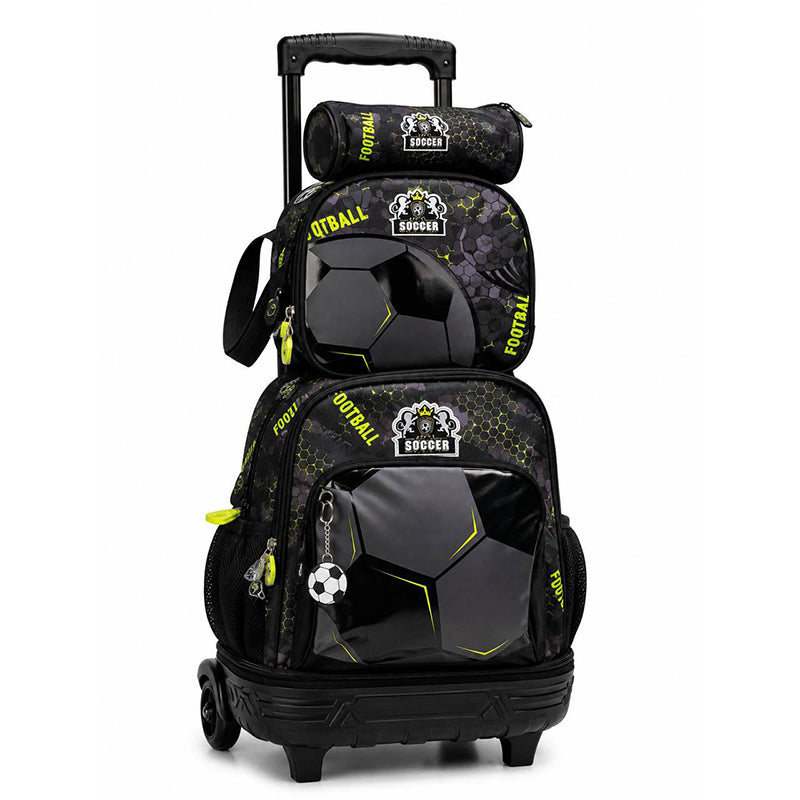 Cartable trolley garçon 18 pouces thème football avec sac à dos à roulettes, sac repas et trousse assortis, design ballon de foot noir et jaune fluo