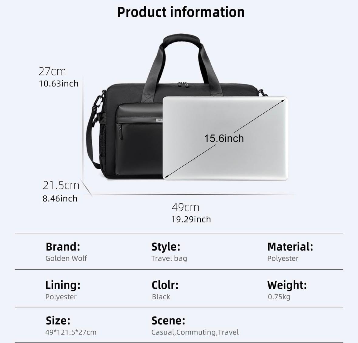 Dimensions du sac de sport et voyage 28L 49 x 27 x 21,5 cm