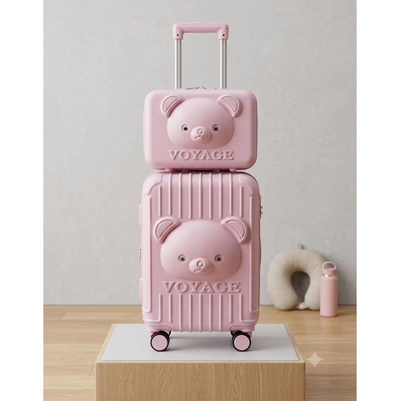 Ensemble de 2 valises enfant rose avec motif ourson, valise cabine et grande valise à roulettes