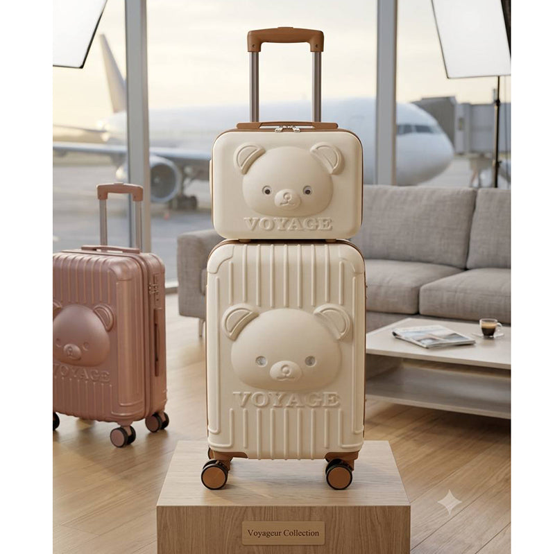 Grande valise enfant rose à coque rigide avec motif ourson et quatre roues pivotantes