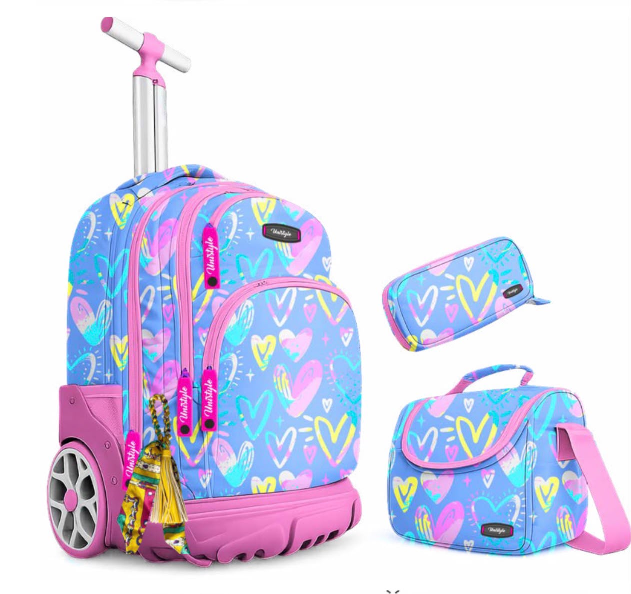 Pack scolaire 3 en 1 trolley 18 pouces noir skate néon avec cartable, trousse et sac à goûter