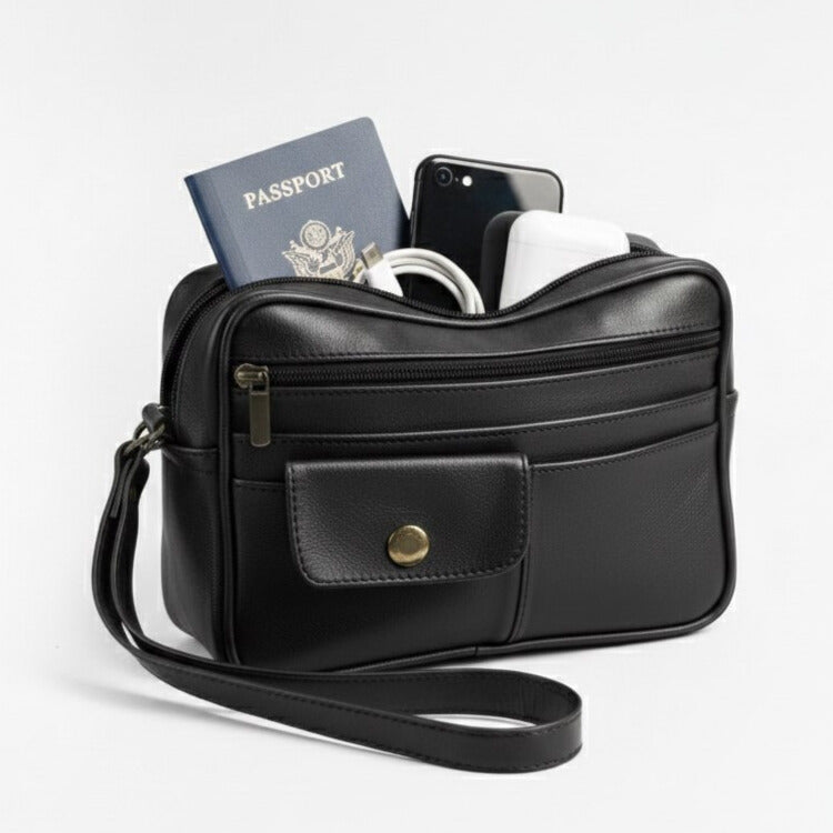 Pochette homme en cuir véritable avec fermeture zippée sécurisée