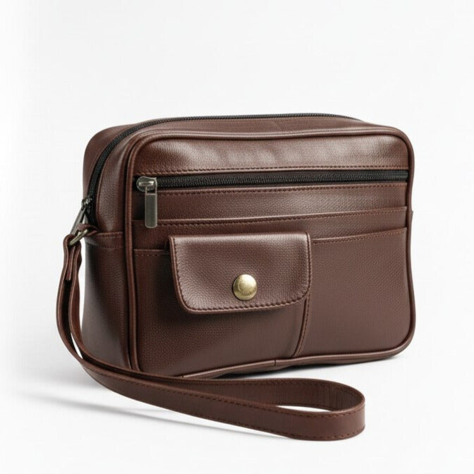 Pochette homme en cuir véritable marron design élégant