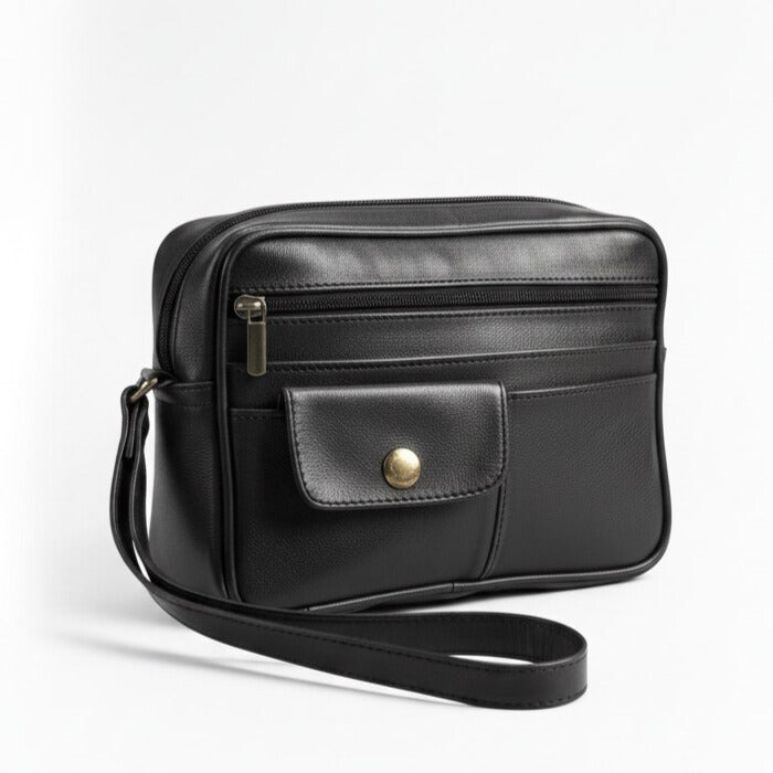 Pochette homme en vrai cuir noir avec dragonne élégante