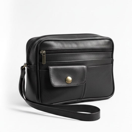 Pochette homme en vrai cuir noir avec dragonne élégante