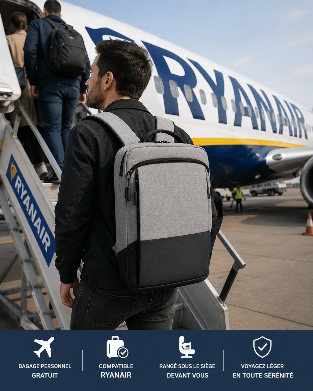Sac à dos cabine Ryanair disponible en noir gris et bleu marine