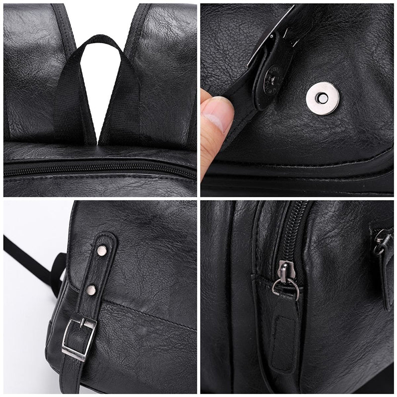 Détail des boucles métalliques argentées sur sac à dos cuir noir homme style vintage