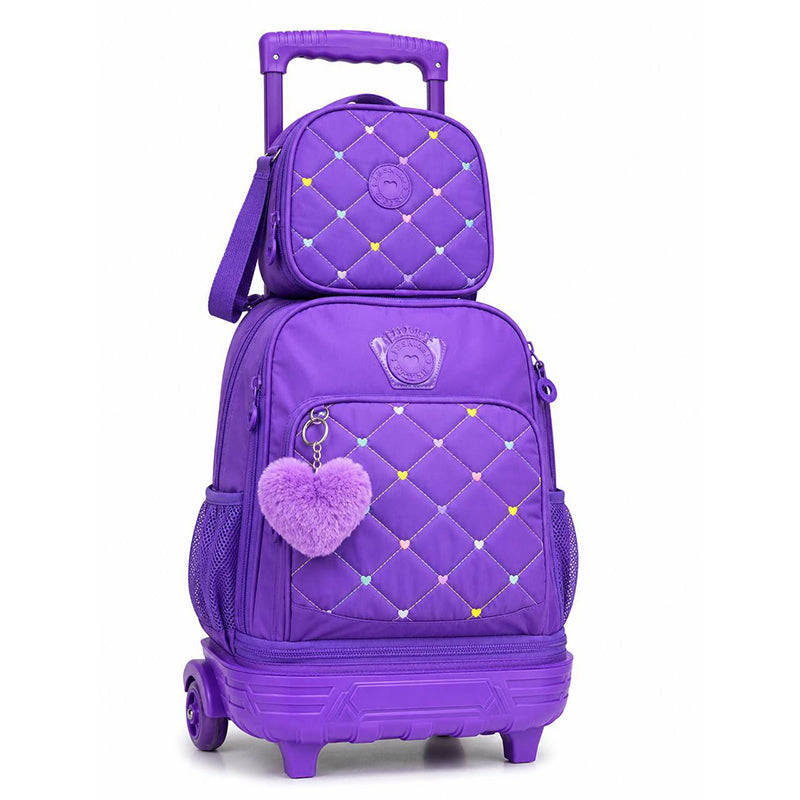 Set scolaire 3 pièces violet pour fille avec trolley à roulettes, poignée télescopique et breloque pompon en forme de cœur