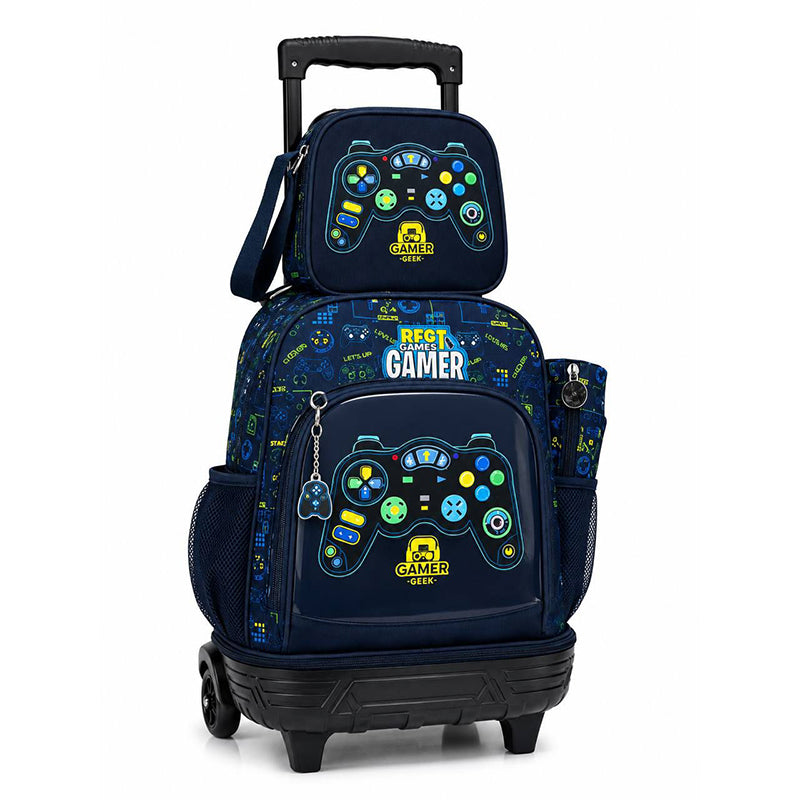 Set scolaire 3 pièces soccer pour garçon avec trolley à roulettes, poignée télescopique et porte-clé ballon de football