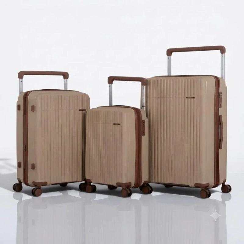 Set de 3 valises rigides beige élégant, bagage cabine moyen et grand format