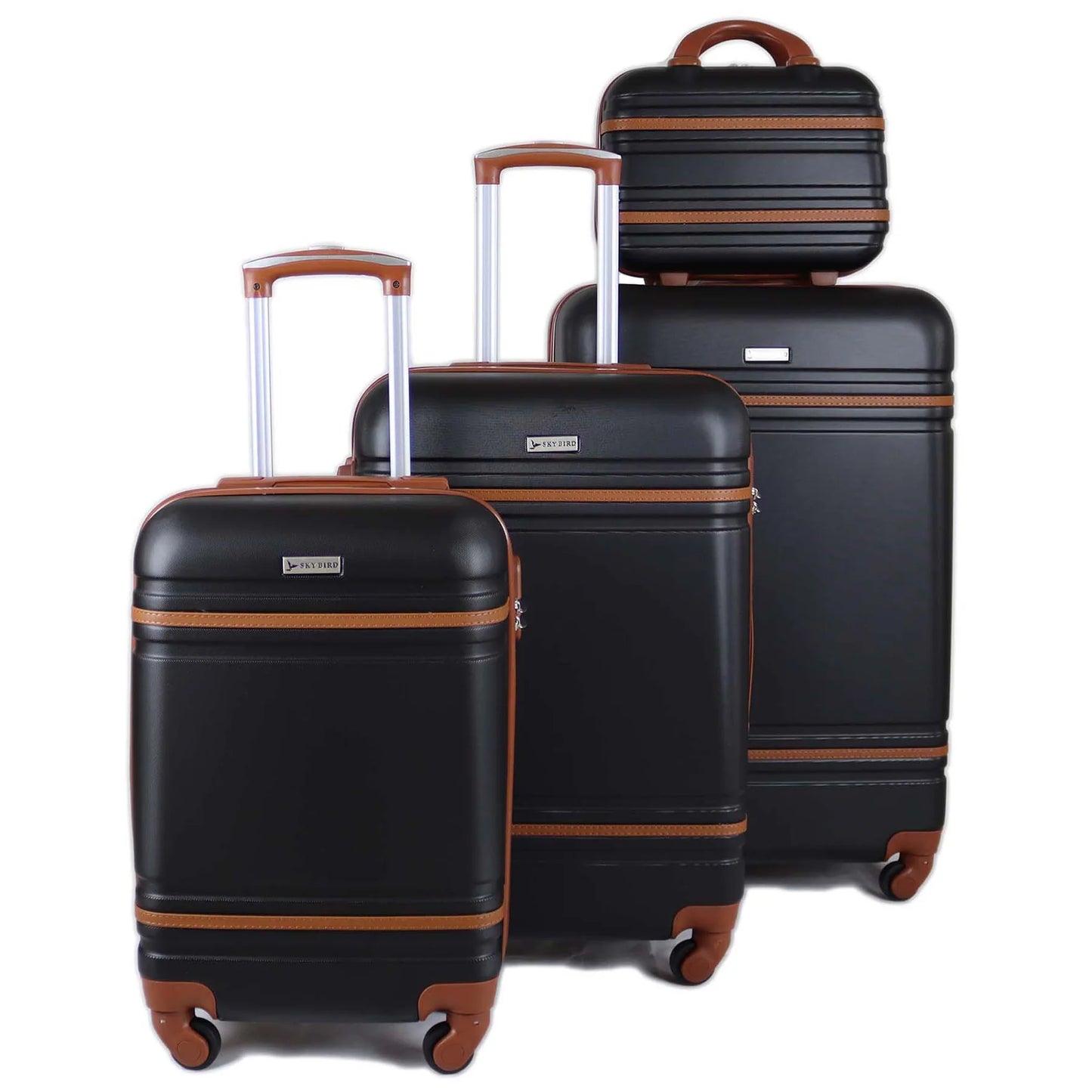 Set de 4 valises noires avec serrure TSA et roues 360 degrés, vue d’ensemble.