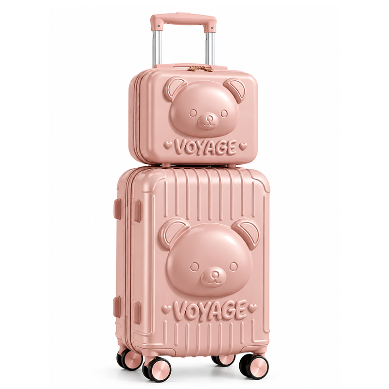 Set de 2 valises de voyage enfant rose poudré avec roulettes, design ourson, disponible au Maroc