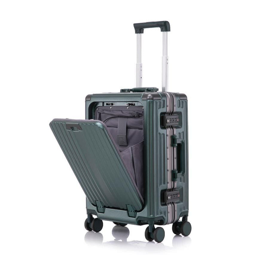 Valise cabine aluminium avec support téléphone et porte-gobelet intégrés