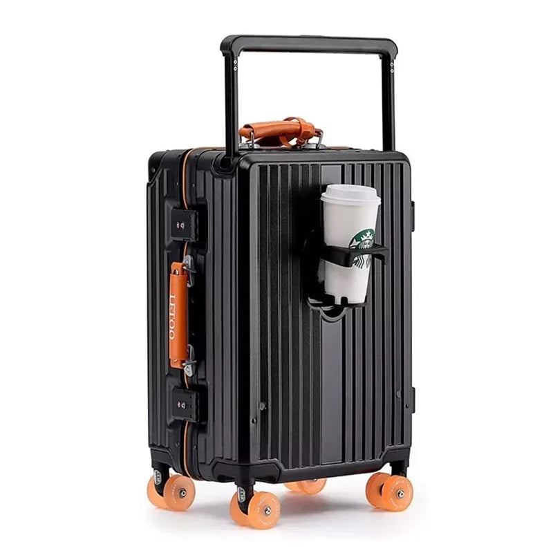 Valise cabine 20 pouces en polycarbonate noir avec cadre en aluminium et serrure TSA.